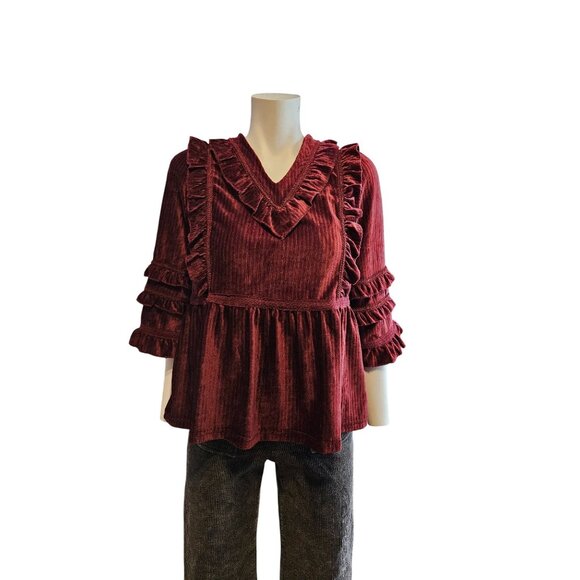 POL Tops - POL Ruffled Velvety Boho Eyelet Ribbed Babydoll Deep Burgundy Top Women S